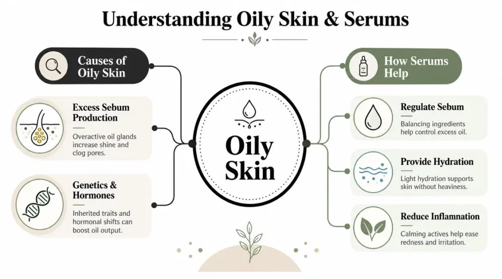 Best Serums for Oily Skin: A Science-Backed Guide Infographic explaining oily skin causes and how serums help regulate sebum, hydrate skin, and reduce inflammation.