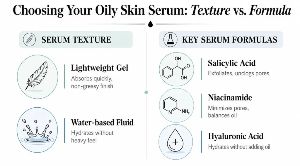 Best Serums for Oily Skin: A Science-Backed Guide Infographic comparing oily skin serum textures and formulas, featuring salicylic acid, niacinamide, and hyaluronic acid.