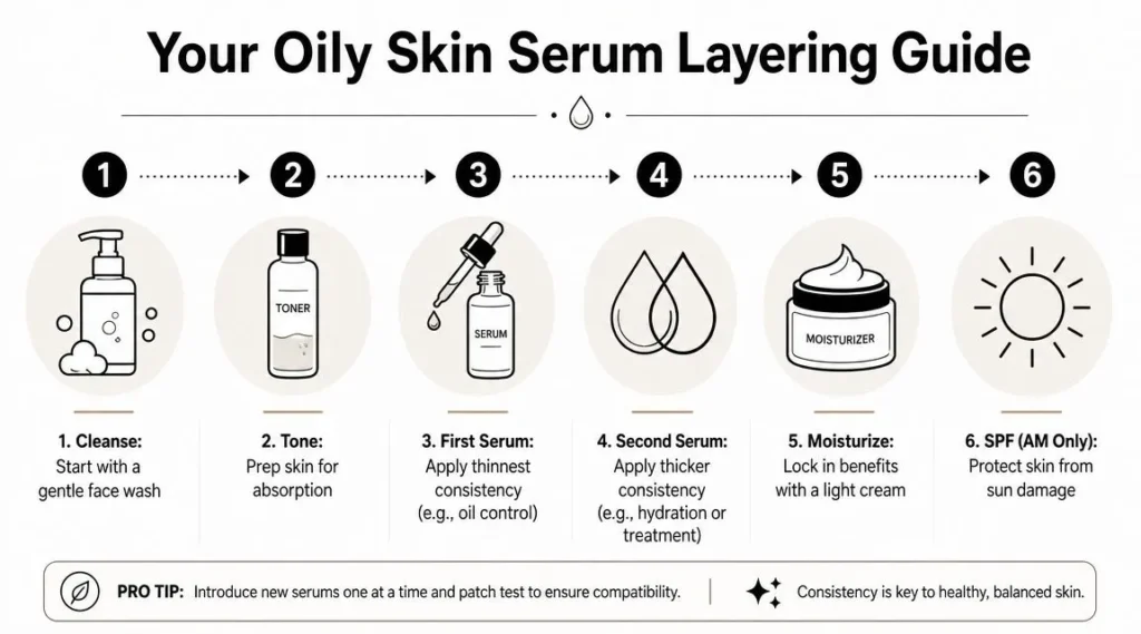Best Serums for Oily Skin: A Science-Backed Guide Infographic showing the correct oily skin serum layering order: cleanse, tone, serum, moisturize, and SPF.