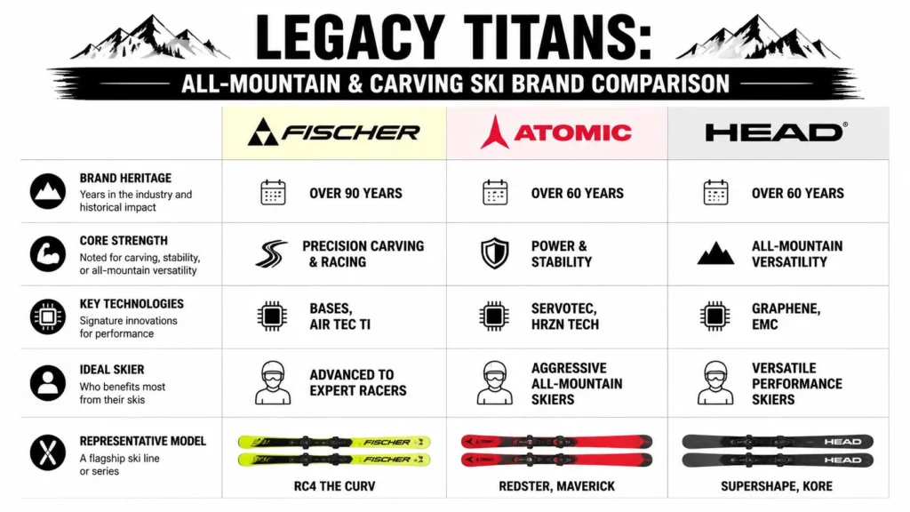 Comparison chart of Fischer, Atomic, and Head ski brands, highlighting heritage, technologies, strengths, and models.