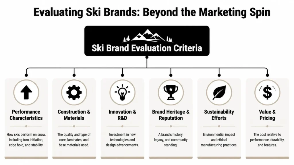 Infographic outlining six criteria for evaluating ski brands, including performance, materials, innovation, sustainability, and value.