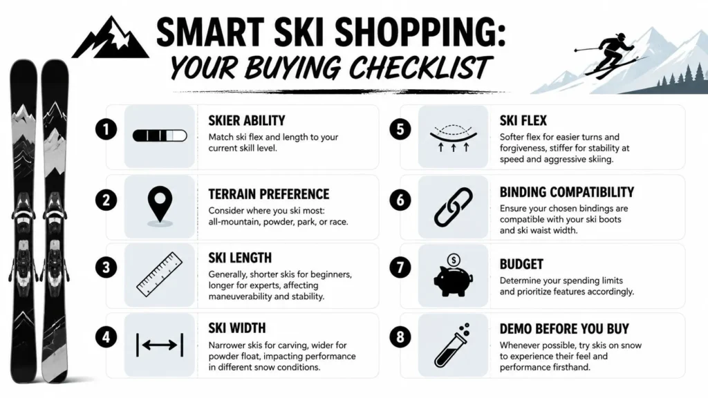 Smart ski buying checklist infographic covering ability, terrain, ski length, width, flex, bindings, budget, and demos.