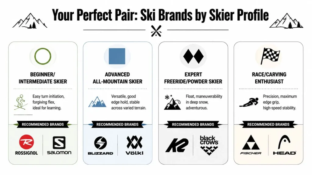 Infographic matching skier types with ski brands, from beginners to race enthusiasts, based on skill and terrain.