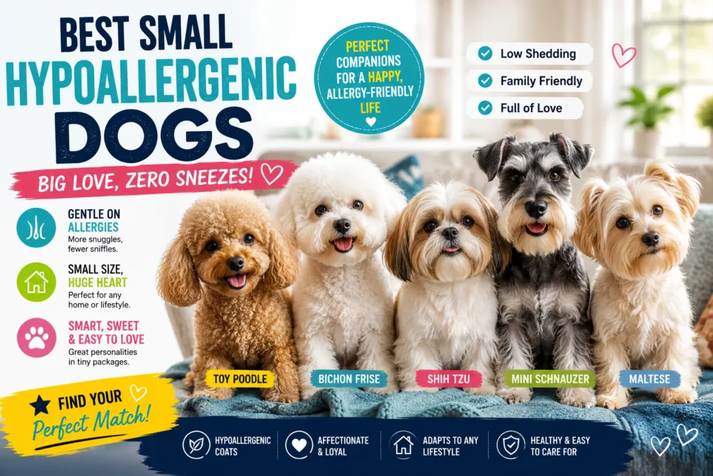 Five small hypoallergenic dogs including a Poodle, Bichon Frise, Schnauzer, and Maltese on a cozy sofa.
