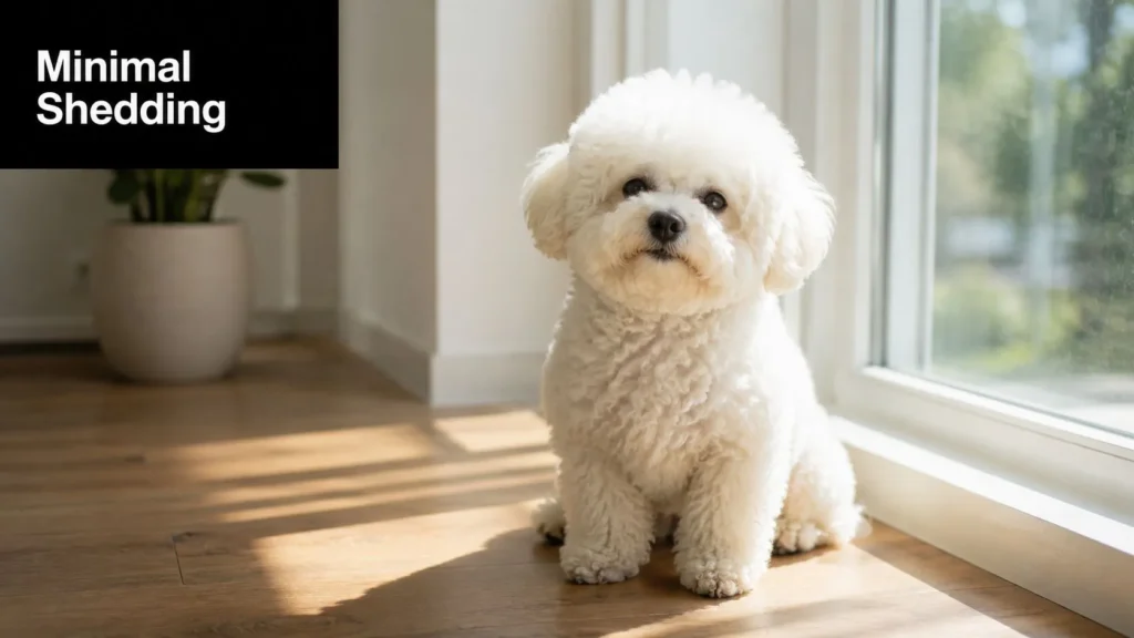 Best Small Hypoallergenic Dogs: Top 8 Breeds for 2026 White Bichon Frise with a fluffy low-shedding coat sitting by a sunlit window on a hardwood floor.