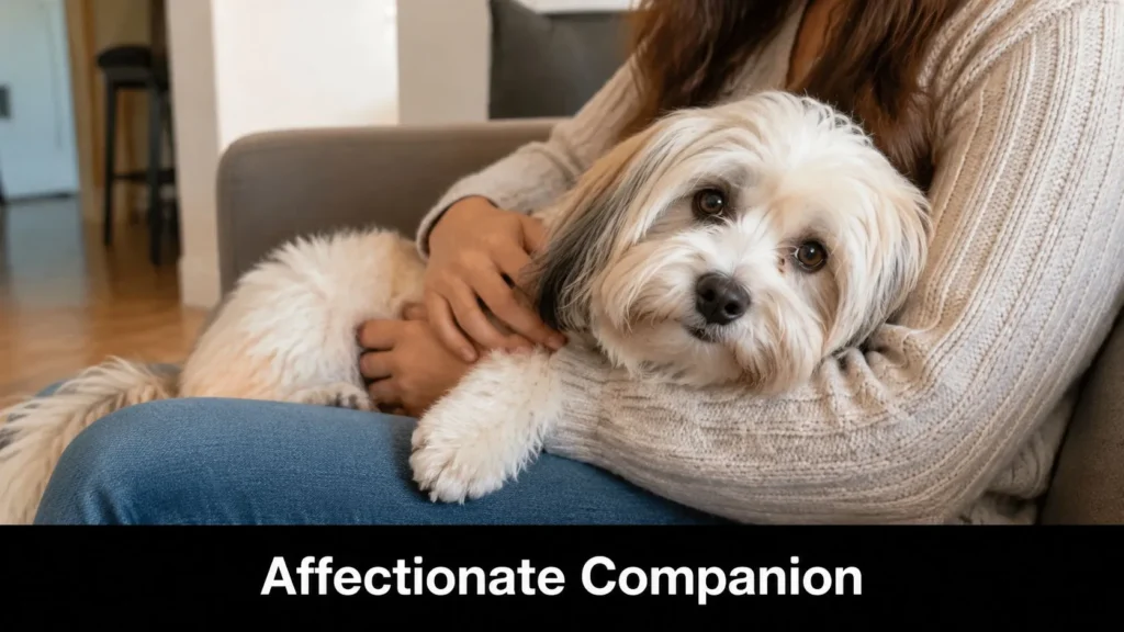 Best Small Hypoallergenic Dogs: Top 8 Breeds for 2026 Small fluffy companion dog relaxing on a person's lap indoors, highlighting its affectionate and family-friendly nature.