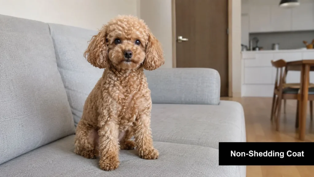 Best Small Hypoallergenic Dogs: Top 8 Breeds for 2026 Small curly-haired poodle with a non-shedding coat sitting on a gray sofa in a bright modern living room.