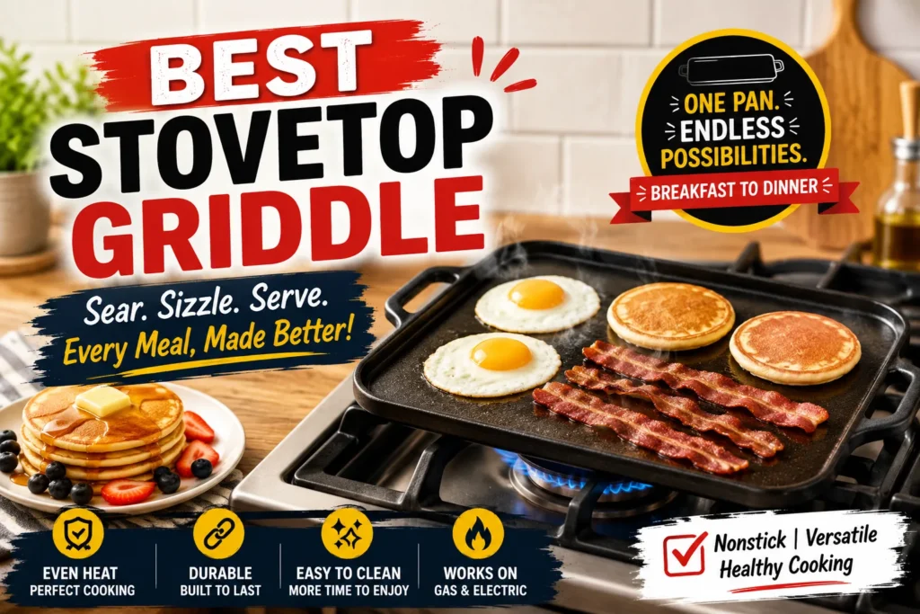 Best stovetop griddle with sizzling eggs, bacon, and pancakes, highlighting versatile cooking and easy cleanup.