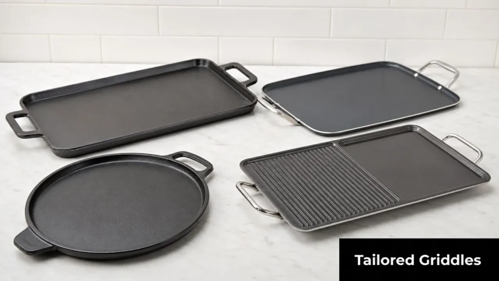 Best Stovetop Griddle: The 2026 Buyer's Guide Different stovetop griddles in round, rectangular, and grill styles displayed on a kitchen countertop.