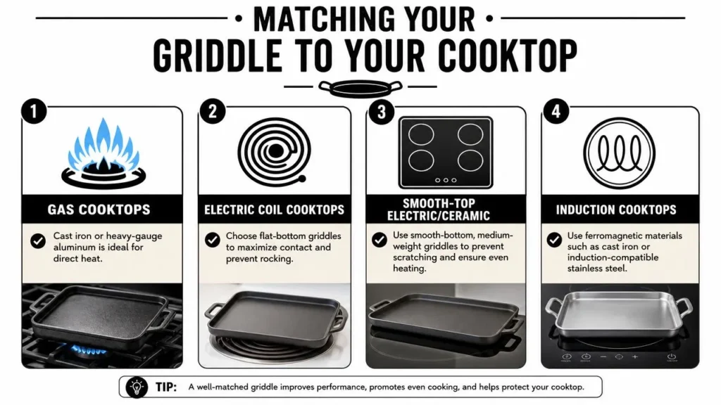 Best Stovetop Griddle: The 2026 Buyer's Guide Infographic comparing griddle compatibility with gas, electric coil, ceramic, and induction cooktops for optimal cooking performance.