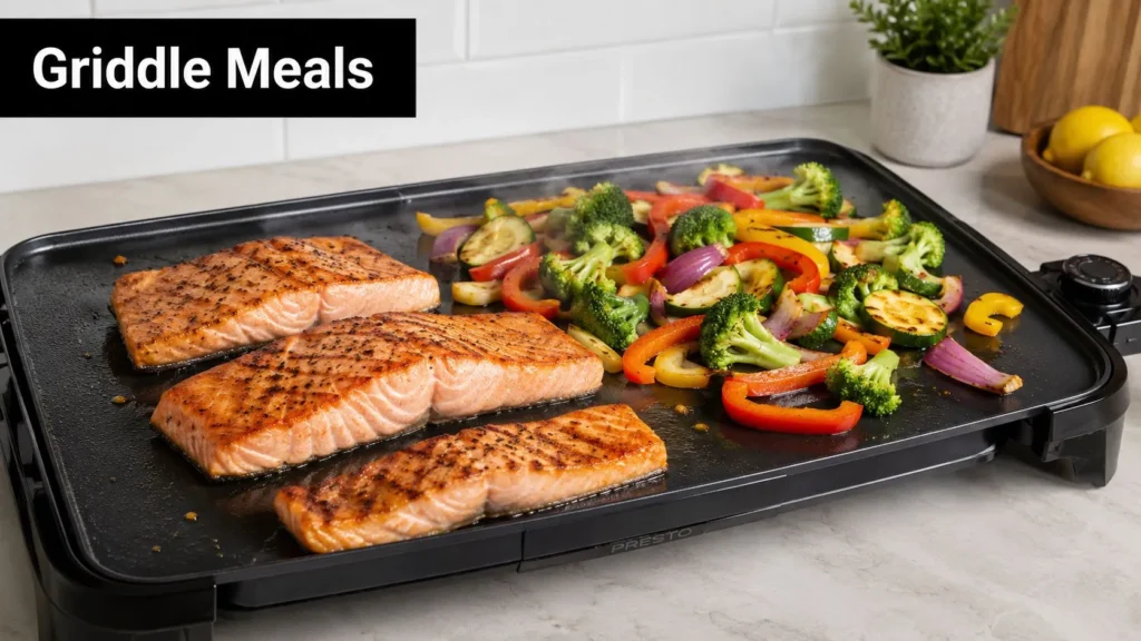 Best Stovetop Griddle: The 2026 Buyer's Guide Grilled salmon fillets and colorful vegetables cooking on a stovetop griddle, showcasing healthy meal options.