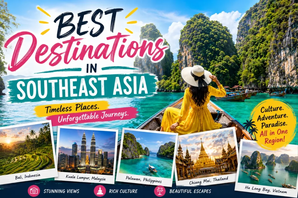 Traveler in a boat explores Southeast Asia’s turquoise lagoons, with iconic destinations and cultural landmarks featured.