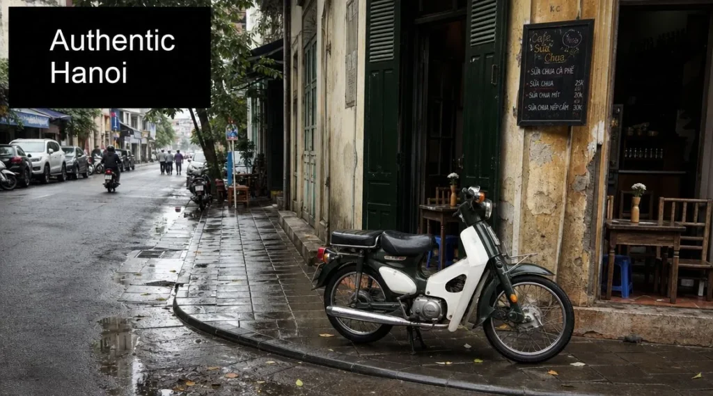 10 Best Travel Destinations in Southeast Asia for 2026 Rainy Hanoi street with parked motorbike, old buildings, and local cafés, capturing the city