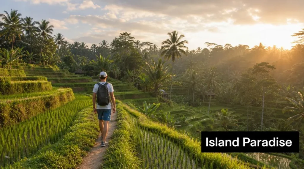 10 Best Travel Destinations in Southeast Asia for 2026 Traveler walking through lush tropical rice terraces at sunrise, surrounded by palm trees and scenic island landscapes.