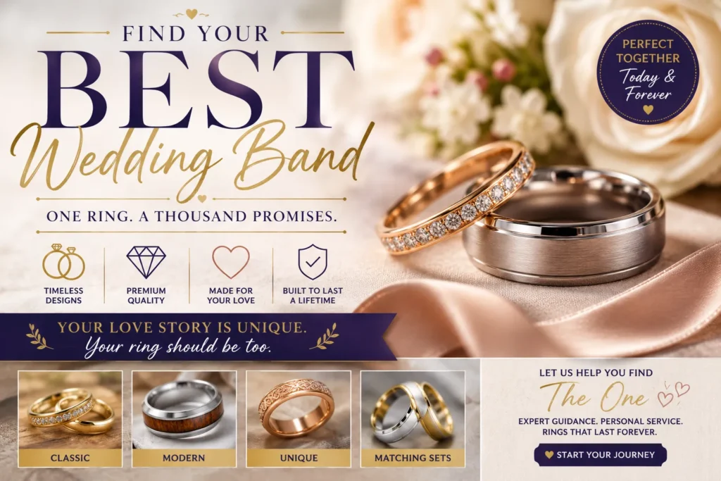 Elegant wedding bands on satin fabric with roses, showcasing timeless ring styles for couples seeking the perfect match.