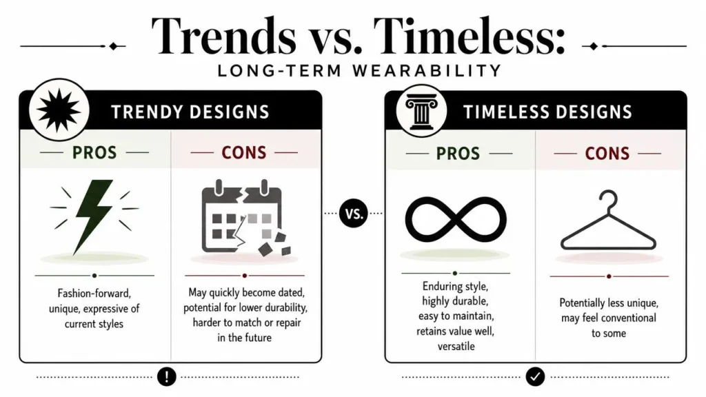 Find Your Best Wedding Band: A Complete 2026 Guide Infographic comparing trendy and timeless wedding band designs, highlighting their long-term advantages and drawbacks.
