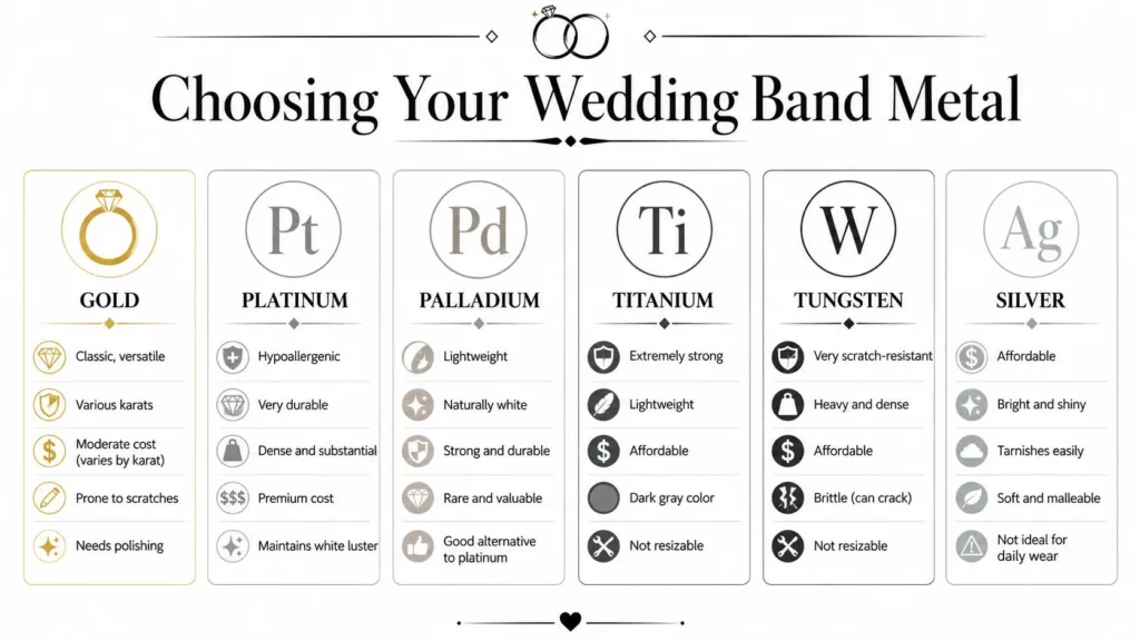 Find Your Best Wedding Band: A Complete 2026 Guide Infographic comparing wedding band metals, including gold, platinum, palladium, titanium, tungsten, and silver.