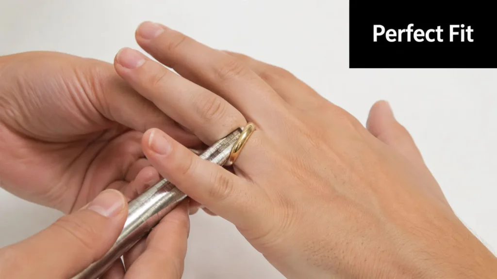 Find Your Best Wedding Band: A Complete 2026 Guide Person measuring a wedding band on a ring sizing mandrel, highlighting the importance of a precise ring fit.
