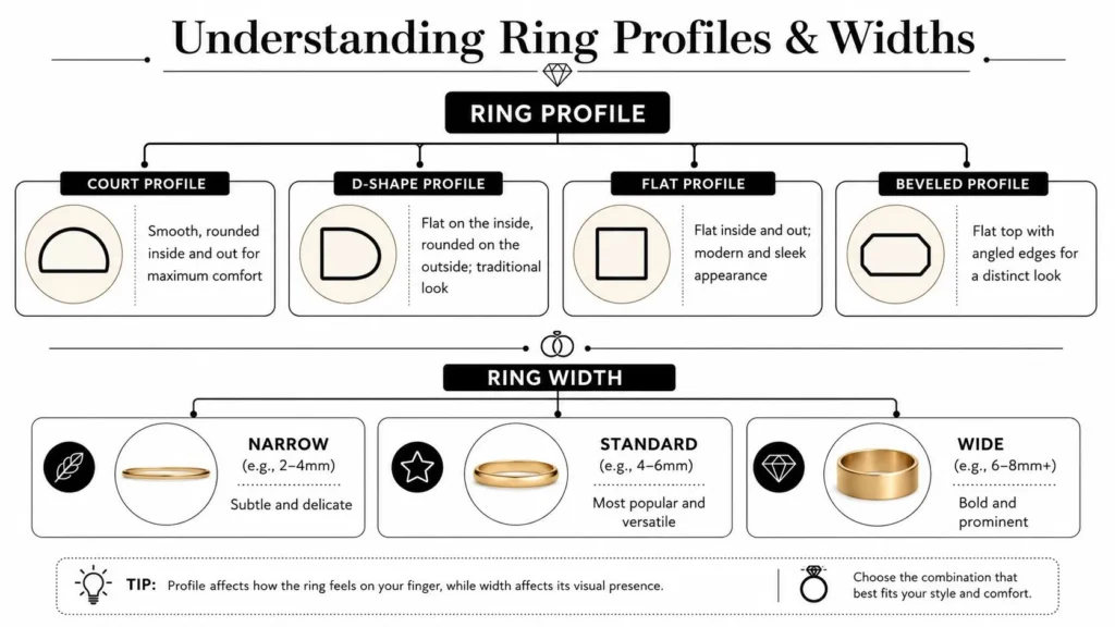 Find Your Best Wedding Band: A Complete 2026 Guide Infographic explaining wedding ring profiles and widths, comparing comfort, style, and visual appearance options.