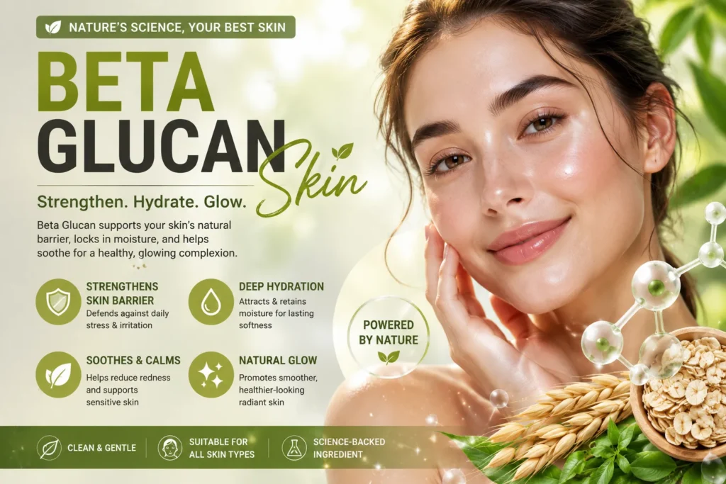 Woman with glowing skin beside oats and botanical ingredients, highlighting beta glucan skincare benefits and hydration.