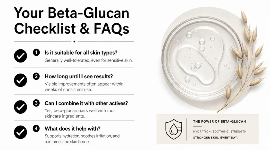 Beta Glucan Skin: Ultimate Hydration & Barrier Repair Beta-glucan skincare FAQ infographic covering benefits, results timeline, compatibility, and support for skin hydration.