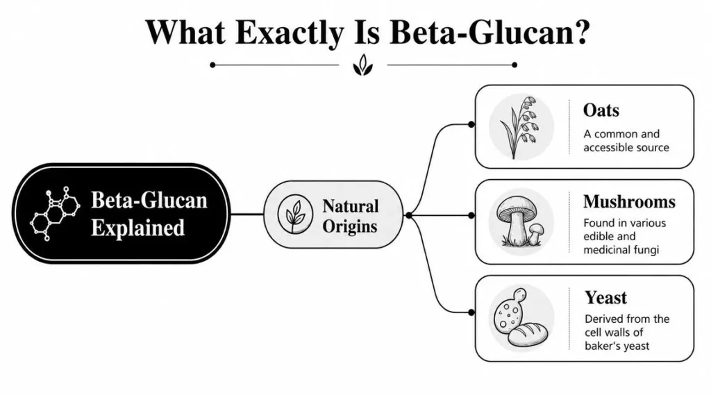 Beta Glucan Skin: Ultimate Hydration & Barrier Repair Beta-glucan infographic showing natural sources including oats, mushrooms, and yeast with a simple origin diagram.