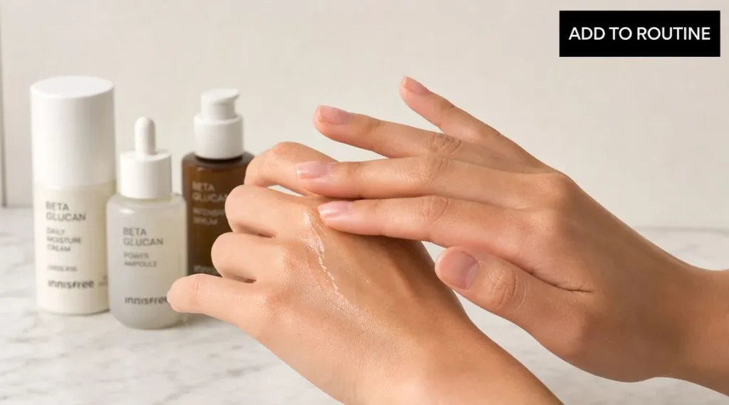 Beta Glucan Skin: Ultimate Hydration & Barrier Repair Hands applying beta-glucan skincare serum with moisturizing products in the background and “Add to Routine” text.