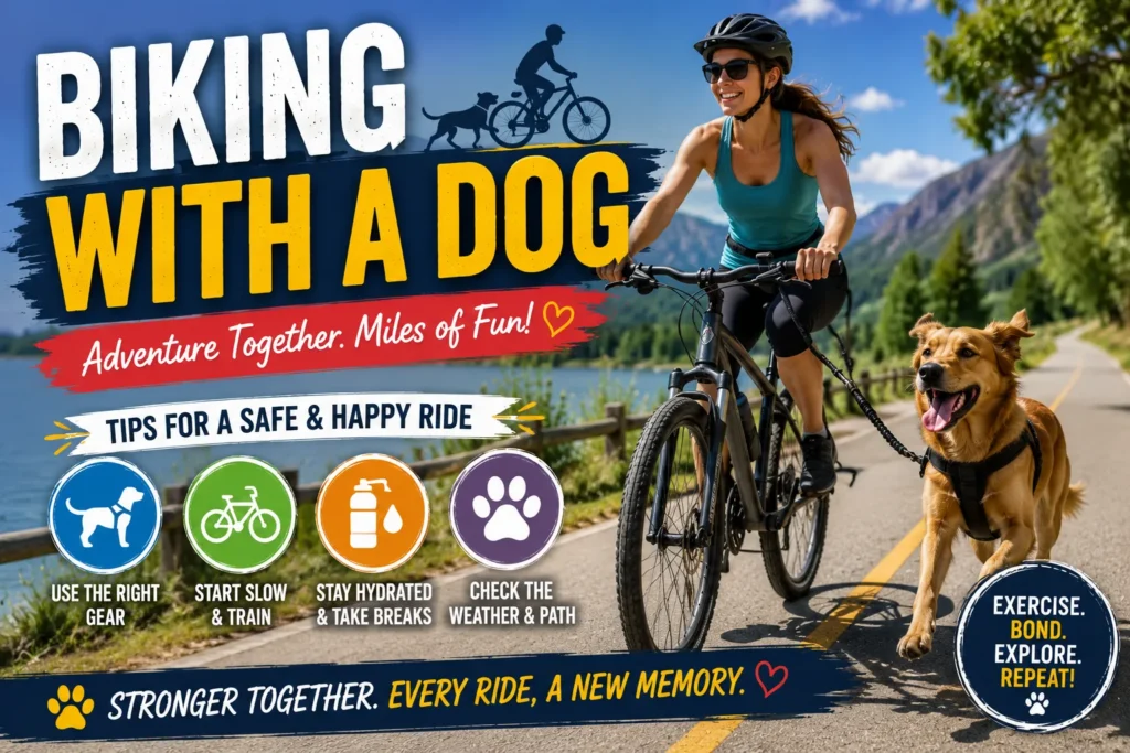 Biking with a Dog: Safety & Training Guide for 2026 Woman biking with her dog on a scenic lakeside trail, highlighting safe and fun cycling adventures together.