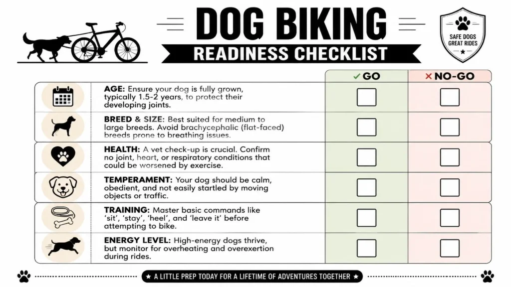 Biking with a Dog: Safety & Training Guide for 2026 Dog biking readiness checklist infographic covering age, health, training, temperament, breed, and energy level.