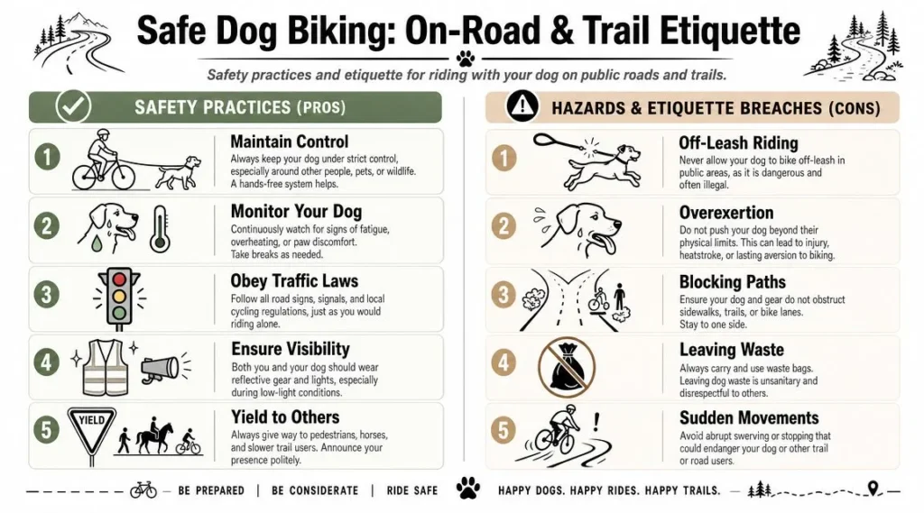 Biking with a Dog: Safety & Training Guide for 2026 Safe dog biking etiquette infographic with safety tips, trail rules, hazards, visibility, and traffic awareness.