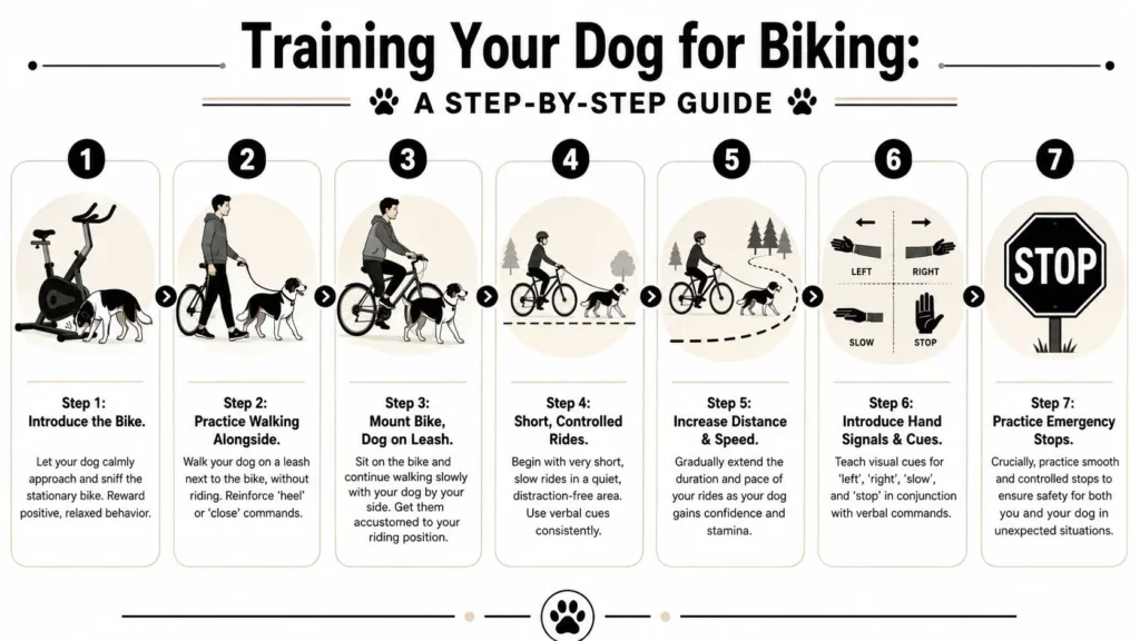 Biking with a Dog: Safety & Training Guide for 2026 Dog biking training infographic showing seven steps from bike introduction to emergency stop practice and ride safety.