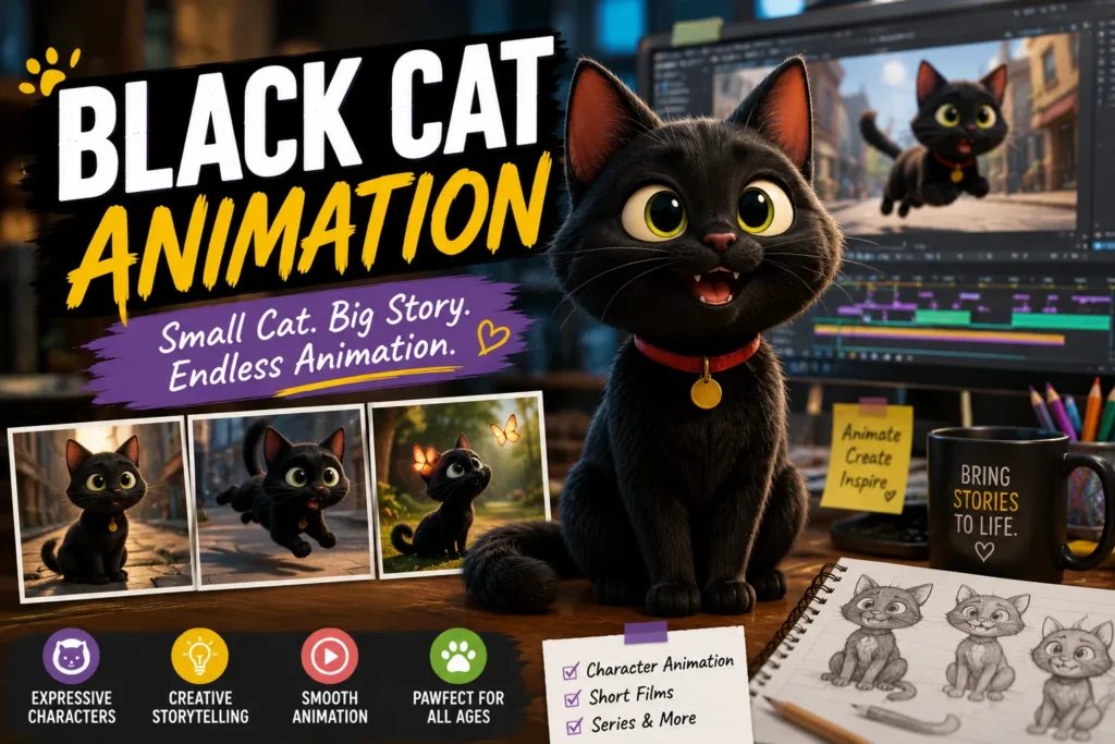 Cute animated black cat character in a creative studio, showcasing storytelling, character design, and animation.