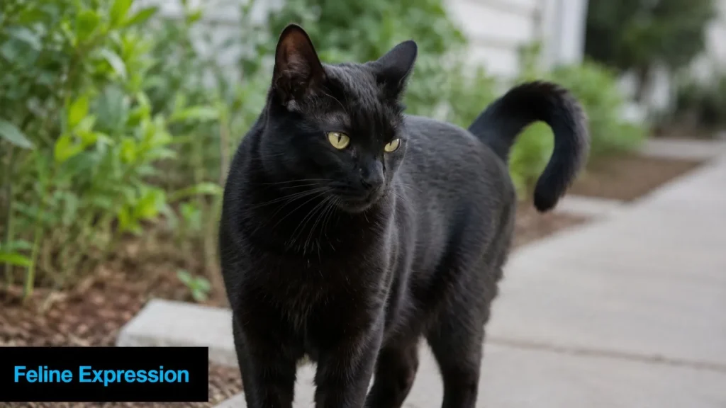 Black cat with golden eyes standing on a garden path, showcasing alert posture and expressive feline features.