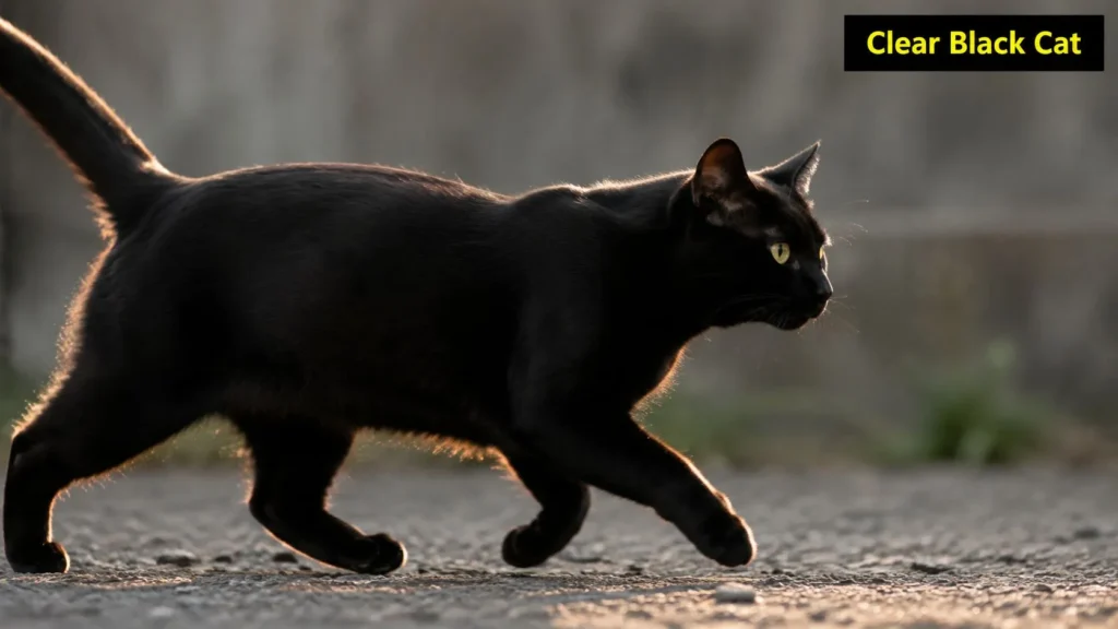 Black cat walking across a sunlit path, with rim lighting highlighting its silhouette and green eyes.