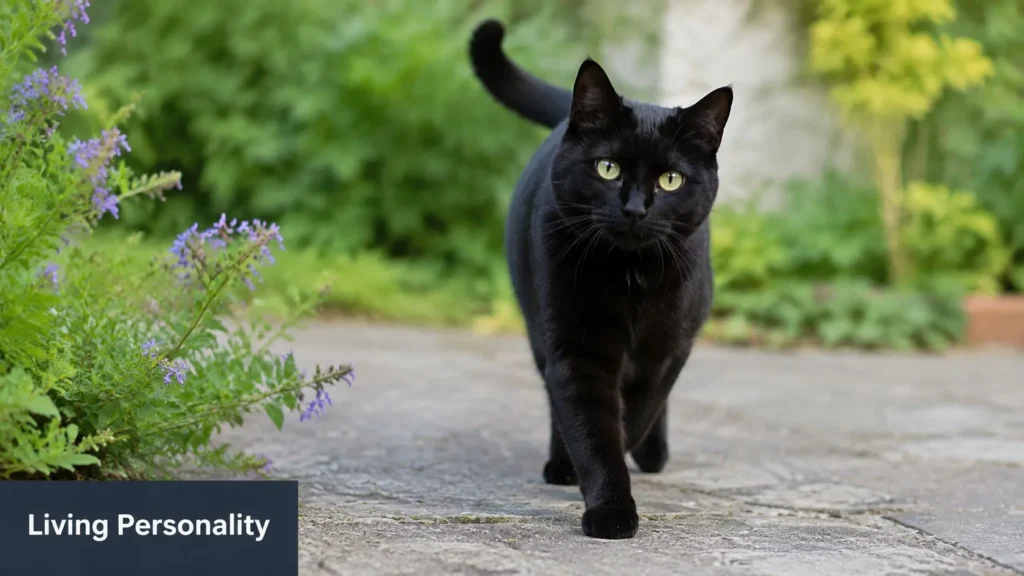 Black Cat Animation: From Blob to Beloved Character Black cat with bright green eyes walking along a garden path, surrounded by lush greenery and purple flowers.