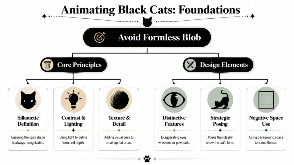 Infographic on animating black cats, highlighting silhouette, lighting, texture, posing, and design principles.