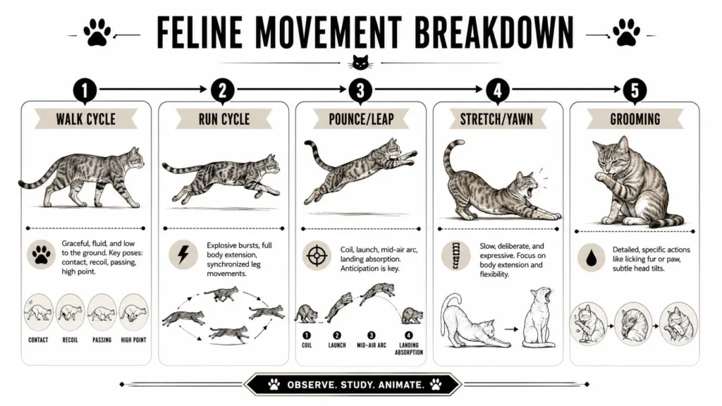 Infographic illustrating feline movement cycles, including walking, running, leaping, stretching, yawning, and grooming behaviors.