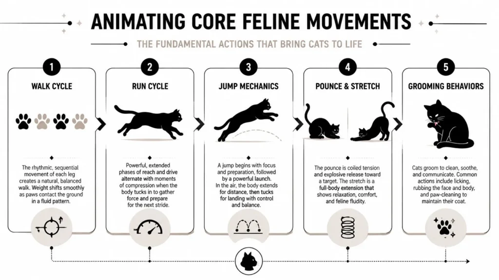 Black Cat Animation: From Blob to Beloved Character Infographic showing key cat animation movements: walking, running, jumping, pouncing, stretching, and grooming behaviors.