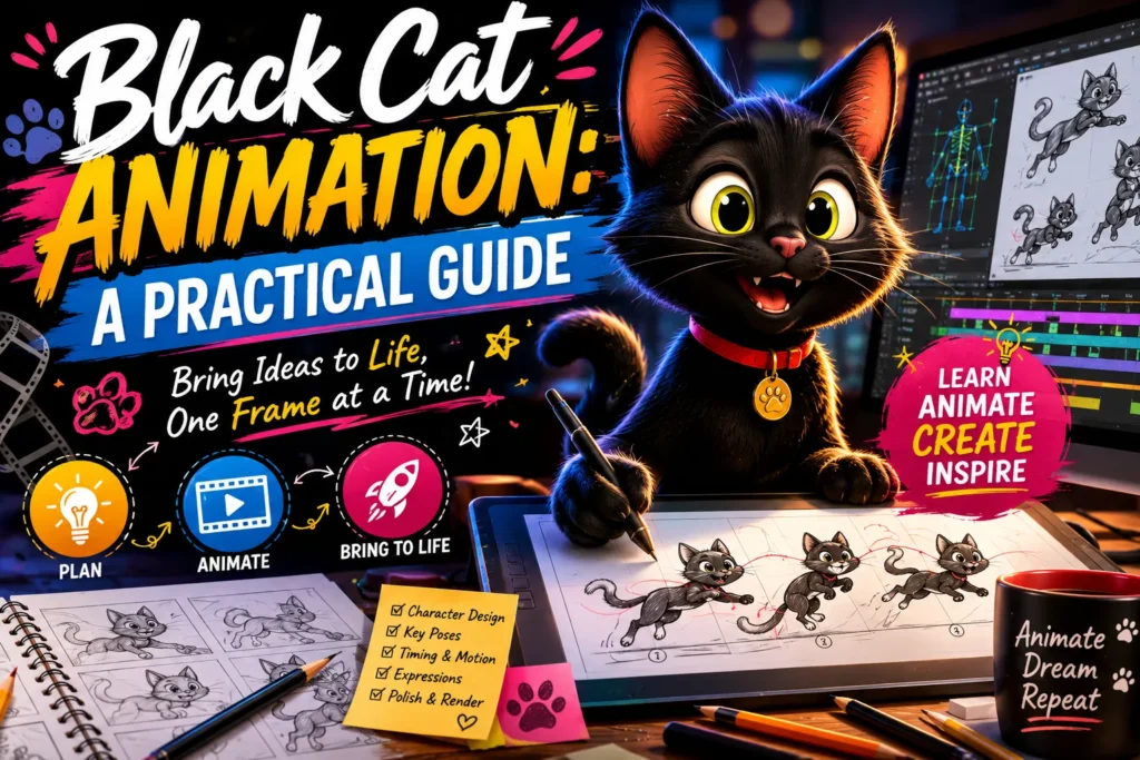 Cute black cartoon cat in an animation studio with sketches, drawing tablet, and colorful character design tools.