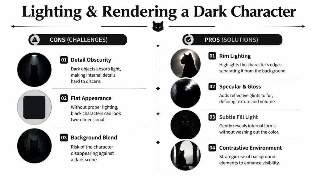 Black Cat Animation: From Blob to Beloved Character Infographic on lighting dark characters, showing challenges and solutions for rendering black cats with visibility and detail.