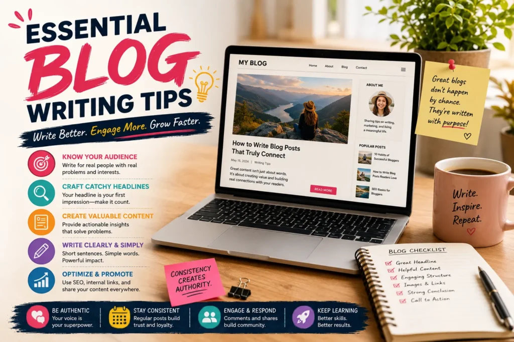 10 Essential Blog Writing Tips for 2026 Blog writing tips infographic with laptop workspace, content strategy checklist, and advice for creating engaging posts.