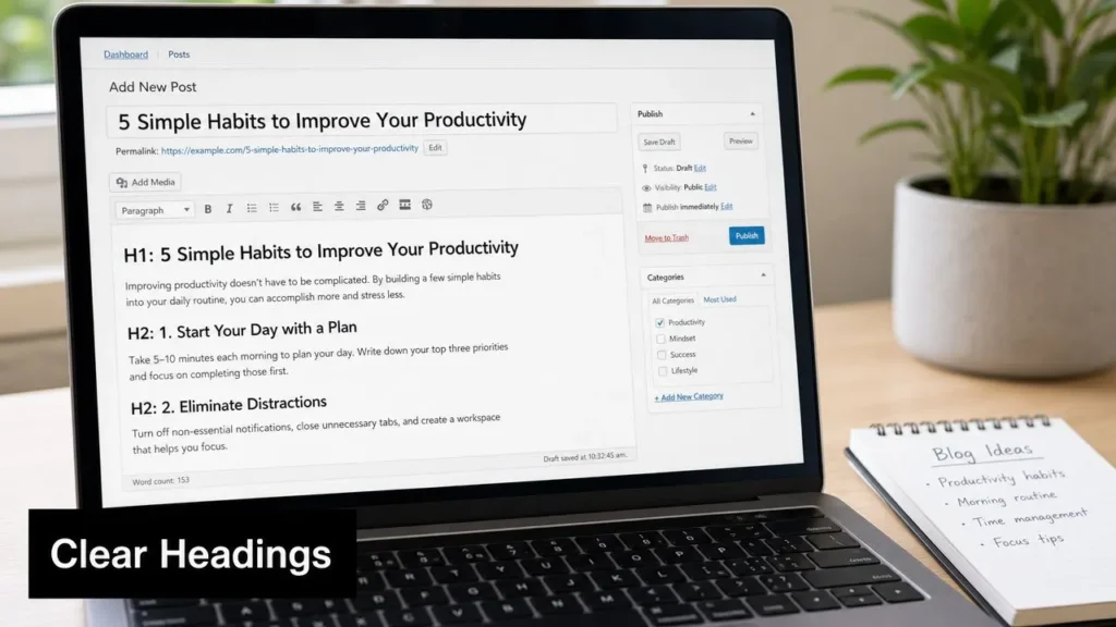 10 Essential Blog Writing Tips for 2026 Laptop displaying a blog post editor with structured headings and productivity tips, highlighting clear content organization.