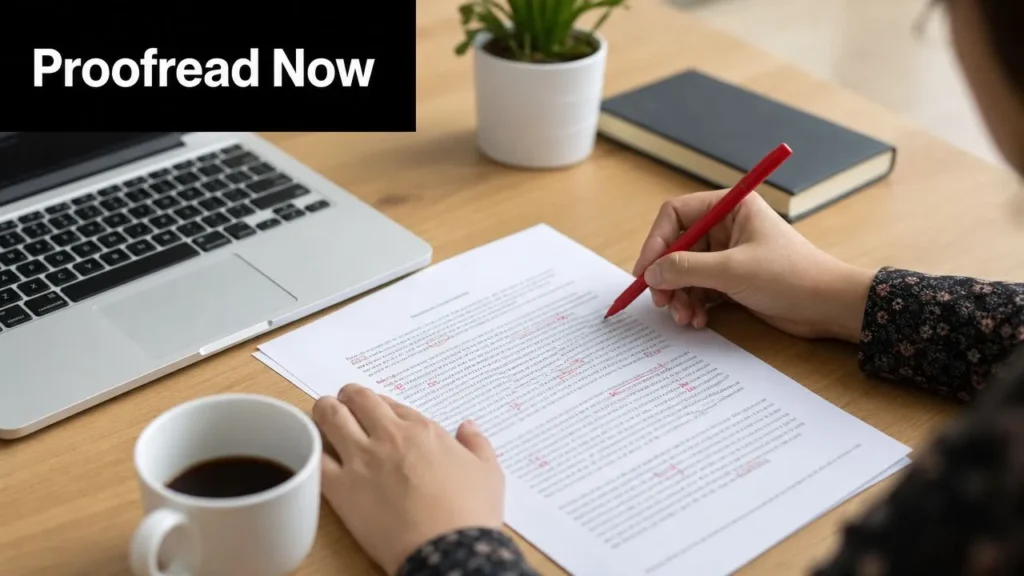 10 Essential Blog Writing Tips for 2026 Person proofreading a document with red edits beside a laptop and coffee mug, emphasizing careful content review.