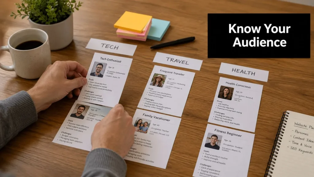 10 Essential Blog Writing Tips for 2026 Person sorting audience persona cards for tech, travel, and health content to better understand target readers.