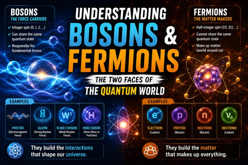 Colorful quantum physics infographic comparing bosons and fermions with particle examples and glowing atomic visuals.