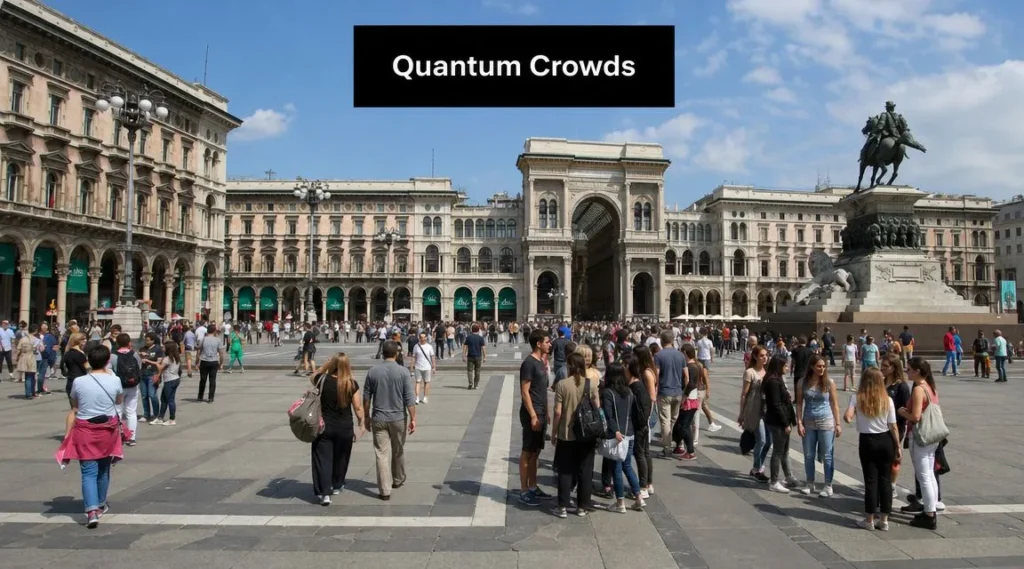 Understanding Bosons and Fermions: Quantum Essentials Crowded city square with pedestrians gathered in an open plaza, illustrating the concept of “Quantum Crowds.”