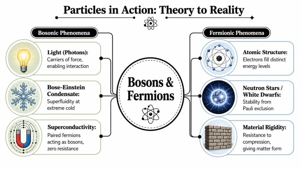 Understanding Bosons and Fermions: Quantum Essentials Infographic showing real-world boson and fermion phenomena, including light, superconductivity, atomic structure, and stars.
