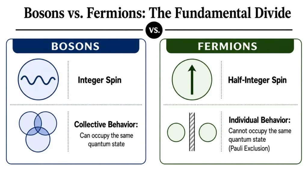 Understanding Bosons and Fermions: Quantum Essentials Infographic comparing bosons and fermions, highlighting spin types and quantum behavior differences.