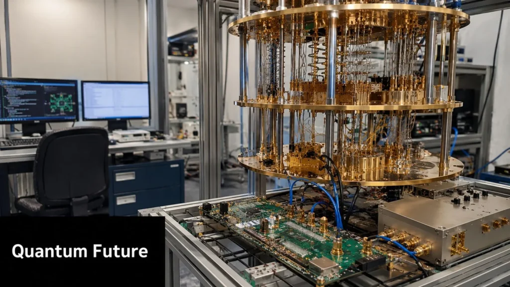 Understanding Bosons and Fermions: Quantum Essentials Quantum computing laboratory with advanced quantum hardware, circuitry, and control systems illustrating future technology.
