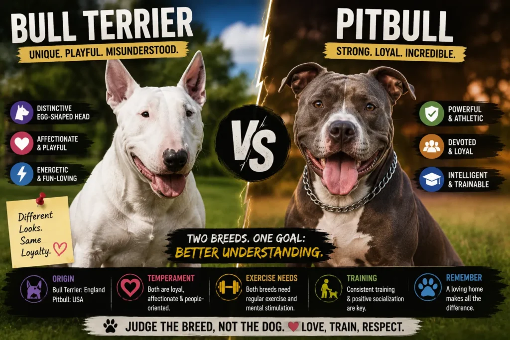 Bull Terrier vs Pitbull: 2026 Guide to Choose Your Dog Bull Terrier and Pitbull side-by-side comparison highlighting appearance, temperament, loyalty, and training traits.
